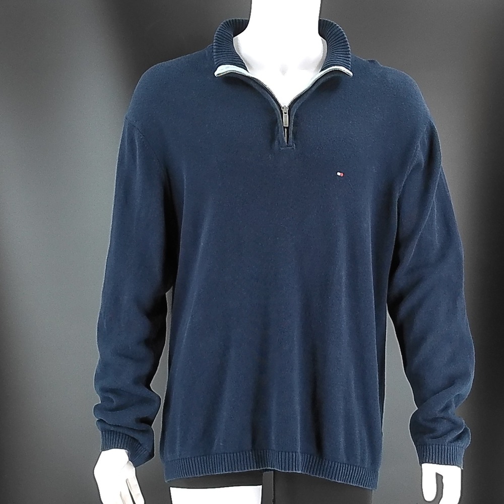 Tommy Hilfiger Mens XL Navy Blue Cotton Quarter Zip Mock Neck Pullover Sweater